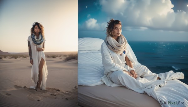 1girl,long hair,smile,brown hair,black hair,hair ornament,long sleeves,1boy,dress,brown eyes,jewelry,sitting,standing,closed eyes,outdoors,sky,barefoot,day,cloud,dark skin,water,necklace,scarf,white dress,bracelet,dark-skinned female,blue sky,multiple views,ocean,beach,half updo,robe,realistic,sand,horizon,dirty,desert,looking at viewer,cape,egyptian,shore,tunic,split screen,comparison,dirty feet