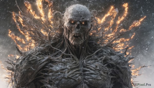 solo,looking at viewer,open mouth,1boy,upper body,male focus,outdoors,teeth,orange eyes,no humans,glowing,fire,glowing eyes,snow,spikes,skull,monster,snowing,skeleton,embers,burning,red eyes,undead