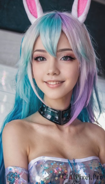 1girl,solo,long hair,breasts,looking at viewer,smile,gloves,animal ears,cleavage,bare shoulders,medium breasts,blue hair,collarbone,upper body,pink hair,white hair,multicolored hair,parted lips,teeth,choker,elbow gloves,rabbit ears,grin,black eyes,collar,two-tone hair,lips,grey eyes,eyelashes,strapless,aqua hair,gradient hair,makeup,eyeshadow,realistic,nose,mascara,hair between eyes,purple hair,see-through,fake animal ears,fangs,watermark,zipper