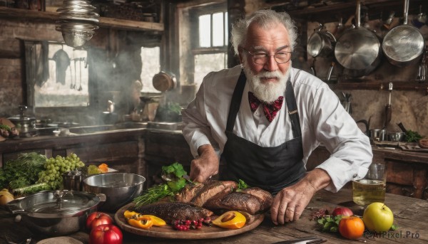 solo,looking at viewer,shirt,long sleeves,1boy,bow,closed mouth,closed eyes,white shirt,upper body,white hair,grey hair,male focus,food,glasses,day,collared shirt,indoors,bowtie,apron,red bow,cup,window,dress shirt,fruit,facial hair,scar,table,knife,red bowtie,steam,beard,scar on face,plate,sleeves rolled up,drinking glass,black-framed eyewear,bowl,realistic,spoon,round eyewear,mustache,apple,basket,carrot,bald,bread,old,egg,old man,cooking,meat,kitchen,tomato,vegetable,black apron,counter,lettuce,cutting board,onion,salad,blurry,bottle,alcohol,glass,grapes,orange (fruit),banana,lemon,lemon slice,eggplant,potato,radish,pineapple