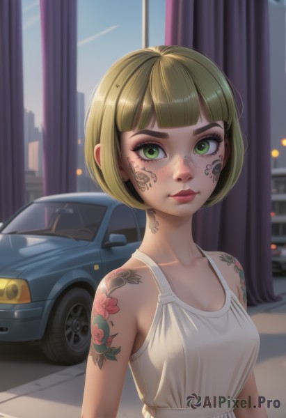 1girl,solo,breasts,looking at viewer,short hair,bangs,blonde hair,dress,cleavage,bare shoulders,closed mouth,green eyes,collarbone,upper body,small breasts,sleeveless,artist name,indoors,blunt bangs,white dress,lips,eyelashes,window,tattoo,makeup,bob cut,curtains,ground vehicle,motor vehicle,freckles,nose,car,eyeliner,arm tattoo,shoulder tattoo,facial tattoo,mascara,neck tattoo,day,piercing,tank top,flower tattoo