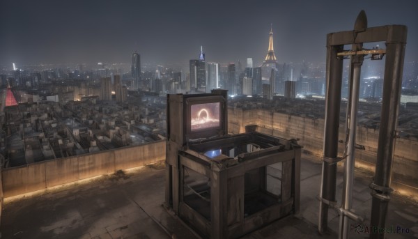 outdoors,sky,no humans,window,night,chair,building,night sky,scenery,city,road,cityscape,computer,monitor,skyscraper,rooftop,city lights,fence,railing,light,dark,television,lamppost,skyline