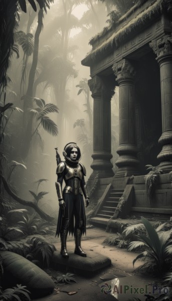 1girl,solo,gloves,standing,monochrome,weapon,boots,outdoors,sword,hood,cape,armor,tree,mask,plant,shoulder armor,nature,scenery,hood up,forest,pauldrons,breastplate,stairs,arrow (projectile),ruins,pillar,weapon on back,statue,short hair,holding,full body,greyscale,holding weapon,gun,holding sword,helmet,gauntlets,sheath,rifle,1other,armored boots,overgrown