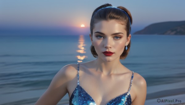 1girl,solo,breasts,looking at viewer,short hair,blue eyes,brown hair,black hair,dress,cleavage,bare shoulders,jewelry,medium breasts,closed mouth,collarbone,swimsuit,upper body,bikini,hairband,earrings,outdoors,sky,water,mole,blurry,lips,makeup,night,depth of field,blurry background,blue dress,ocean,beach,lipstick,blue bikini,freckles,realistic,red lips,blue hairband,hair pulled back,hair bun