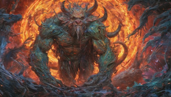 solo,looking at viewer,open mouth,red eyes,1boy,standing,tail,weapon,male focus,horns,teeth,no humans,glowing,facial hair,fangs,fire,sharp teeth,glowing eyes,claws,beard,spikes,monster,fantasy,dragon,giant,extra arms,demon,wings,molten rock