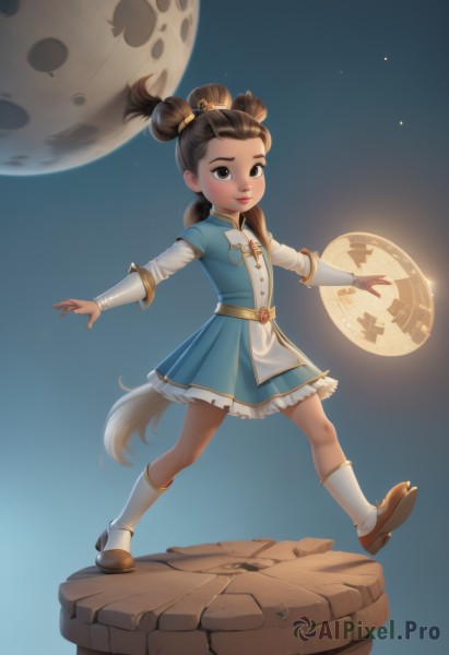 1girl,solo,long hair,smile,brown hair,black hair,hair ornament,dress,twintails,brown eyes,tail,full body,shoes,socks,dark skin,hair bun,dark-skinned female,lips,blue dress,short dress,moon,child,full moon,female child,looking at viewer,standing,boots,brown footwear,outstretched arms,spread arms,clock