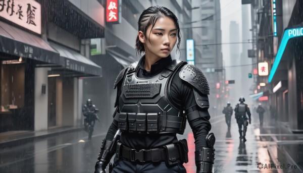 1girl,short hair,brown hair,black hair,holding,brown eyes,weapon,outdoors,multiple boys,solo focus,belt,holding weapon,armor,uniform,lips,gun,looking to the side,shoulder armor,building,holding gun,rifle,walking,science fiction,rain,city,sign,realistic,road,shoulder pads,multiple others,police,street,police uniform,policewoman,soldier,cyberpunk,tactical clothes,bulletproof vest,body armor