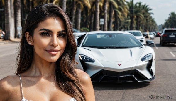 1girl,solo,long hair,breasts,looking at viewer,smile,brown hair,black hair,cleavage,brown eyes,jewelry,medium breasts,upper body,earrings,outdoors,day,blurry,tree,lips,blurry background,ground vehicle,motor vehicle,realistic,car,stud earrings,hair behind ear,vehicle focus,photo background,sports car,bare shoulders,collarbone,portrait