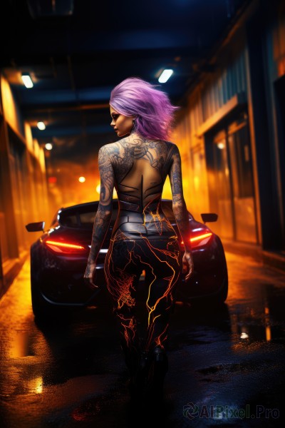 1girl,solo,short hair,jewelry,standing,full body,pink hair,purple hair,ass,earrings,looking back,dark skin,from behind,blurry,dark-skinned female,tattoo,night,back,ground vehicle,motor vehicle,car,road,arm tattoo,street,cyberpunk,back tattoo,sports car,full-body tattoo,breasts,gloves,pants,fingerless gloves,lips,bodysuit,makeup,topless,sunglasses,lipstick,walking,nose,tight,tight pants,spider web print,neon lights