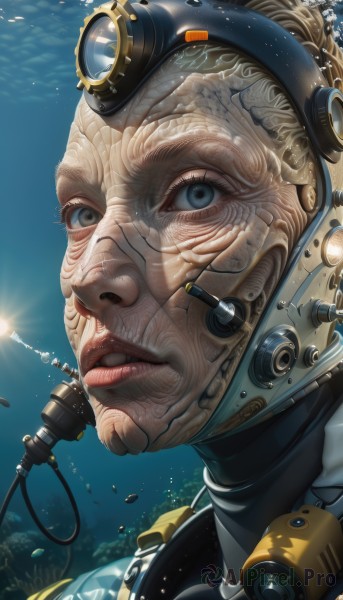 1girl,solo,looking at viewer,blue eyes,parted lips,teeth,signature,water,lips,grey eyes,helmet,goggles,portrait,close-up,headset,science fiction,bubble,underwater,realistic,air bubble,cyborg,submerged,spacesuit,artist name,eyelashes,watermark,power armor