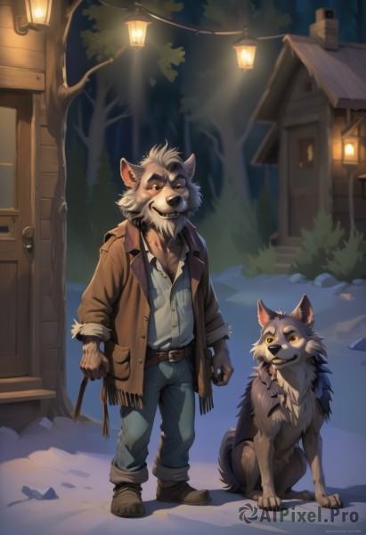 smile,shirt,long sleeves,1boy,holding,animal ears,jewelry,standing,jacket,full body,yellow eyes,white shirt,male focus,boots,outdoors,open clothes,belt,pants,artist name,necklace,looking at another,open jacket,tree,coat,night,facial hair,fangs,brown footwear,thick eyebrows,denim,furry,colored sclera,walking,dog,brown jacket,jeans,lantern,belt buckle,lamp,furry male,leather,house,brown coat,fringe trim,lamppost,wolf,solo,looking at viewer,gloves,brown eyes,teeth,signature,scarf,orange eyes,torn clothes,animal,watermark,building,snow,sleeves rolled up,door,blue pants,brown belt,brown scarf,brown fur,werewolf