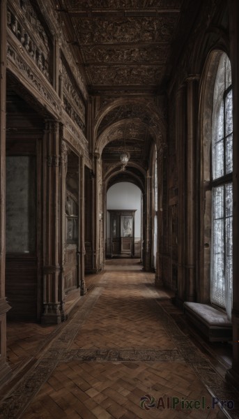 day,indoors,no humans,window,sunlight,scenery,wooden floor,stairs,door,architecture,pillar,hallway,carpet,church,arch,rug,fantasy,floor,ceiling