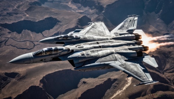 sky,cloud,military,no humans,flying,science fiction,mountain,realistic,aircraft,military vehicle,airplane,vehicle focus,spacecraft,jet,cockpit,missile,fighter jet,pilot,variable fighter,1boy,signature,helmet,pilot suit,contrail