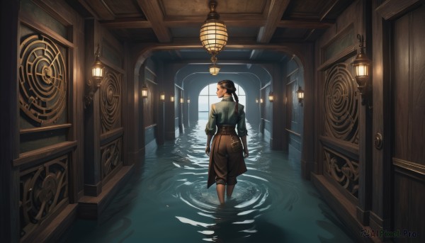 1girl,solo,long hair,skirt,brown hair,shirt,black hair,gloves,long sleeves,standing,ponytail,looking back,pants,indoors,dark skin,water,from behind,window,scenery,wading,reflection,walking,lantern,door,light,lamp,architecture,brown pants,ripples,belt,brown skirt,wide shot