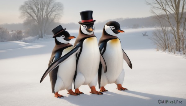 hat,standing,outdoors,day,black eyes,tree,no humans,black headwear,shadow,bird,animal,snow,top hat,animal focus,winter,bare tree,penguin,flock,simple background,white background,sky,scenery,multiple others