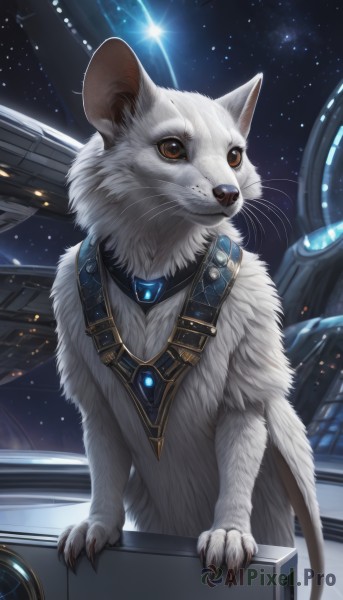 solo,brown eyes,jewelry,sky,signature,no humans,animal,cat,star (sky),claws,starry sky,realistic,space,animal focus,mouse,whiskers,spacecraft,night,gem,night sky,white fur