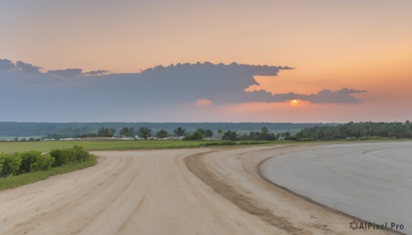 outdoors,sky,cloud,water,tree,no humans,ocean,beach,cloudy sky,grass,nature,scenery,sunset,mountain,sand,sun,horizon,road,bush,landscape,shore,orange sky,path,hill,forest