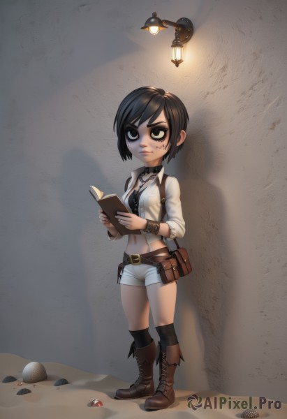 1girl,solo,breasts,short hair,shirt,black hair,navel,holding,cleavage,brown eyes,jewelry,medium breasts,closed mouth,standing,full body,white shirt,small breasts,boots,shorts,choker,socks,midriff,belt,necklace,bag,chibi,black eyes,collar,bracelet,book,kneehighs,short shorts,tattoo,makeup,swept bangs,brown footwear,knee boots,black socks,cross-laced footwear,holding book,pouch,lantern,open book,reading,mushroom,bangs,thighhighs,open clothes,black thighhighs,lips,crop top,suspenders,lipstick,sleeves rolled up,eyeshadow,white shorts,rock,lace-up boots,brown belt,lamp,eyeliner,facepaint,belt pouch