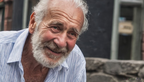 solo,smile,shirt,1boy,white shirt,upper body,white hair,male focus,striped,collared shirt,indoors,blurry,blurry background,facial hair,beard,meme,striped shirt,realistic,mustache,bald,manly,old,old man,vertical-striped shirt,wrinkled skin,looking at viewer,closed mouth,outdoors,lips,depth of field,parody,portrait,vertical stripes,chest hair,photo background