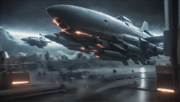 HQ,sky,cloud,signature,military,no humans,cloudy sky,building,smoke,flying,science fiction,realistic,aircraft,military vehicle,airplane,vehicle focus,spacecraft,lights,jet,fighter jet,water,motion blur,missile