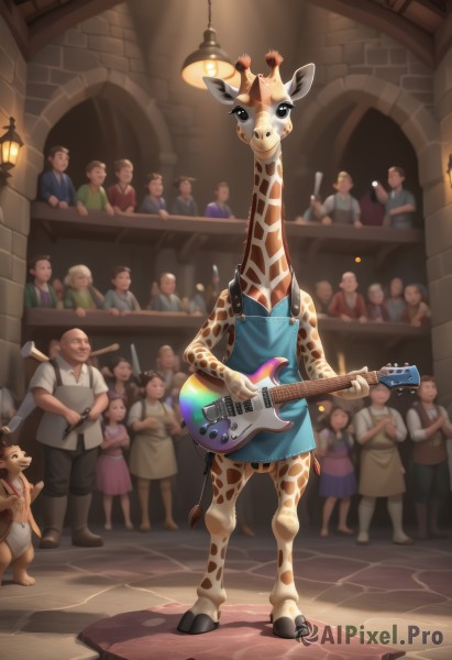 multiple girls,holding,standing,tail,weapon,multiple boys,indoors,apron,6+girls,animal,instrument,furry,6+boys,music,guitar,lamp,playing instrument,holding instrument,electric guitar,crowd,drum,hooves,lute (instrument),smile,short hair,brown hair,shirt,dress,white shirt,pants,vest,mask,facial hair,crossed arms,monster girl,child,pink dress,female child,male child,bald,horse,what,taur,centaur