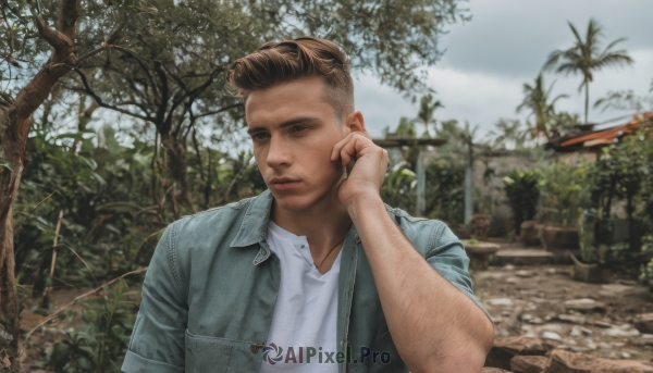 solo,looking at viewer,short hair,brown hair,shirt,1boy,brown eyes,closed mouth,jacket,white shirt,upper body,male focus,outdoors,open clothes,sky,day,cloud,blurry,open jacket,tree,blurry background,facial hair,denim,realistic,photo background,arm hair,denim jacket,blue eyes,collared shirt,hand up,signature,phone,plant,blue jacket,hand on own face,undercut,talking on phone