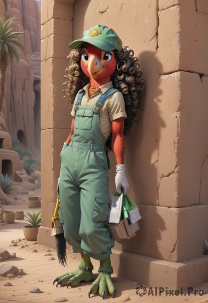 1girl,solo,long hair,looking at viewer,smile,blue eyes,brown hair,shirt,black hair,gloves,hat,holding,closed mouth,standing,tail,full body,white shirt,short sleeves,outdoors,artist name,white gloves,dark skin,dark-skinned female,tree,shadow,colored skin,plant,monster girl,baseball cap,claws,furry,curly hair,green headwear,potted plant,overalls,dirty,shovel,cactus,brown eyes,day,collared shirt,bag,bird,pocket,hand in pocket,furry female,holding bag,talons,beak,polo shirt