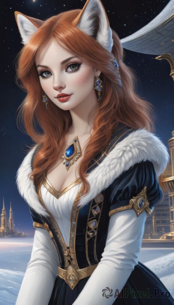 1girl,solo,long hair,breasts,looking at viewer,blush,smile,brown hair,long sleeves,dress,animal ears,cleavage,jewelry,medium breasts,green eyes,upper body,earrings,outdoors,sky,puffy sleeves,necklace,lips,grey eyes,fur trim,fox ears,makeup,night,wavy hair,lipstick,gem,star (sky),night sky,starry sky,red lips,brown eyes,short sleeves,red hair,orange hair,realistic