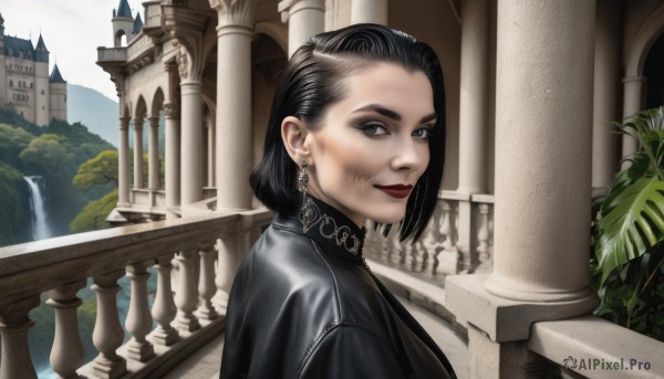 1girl,solo,looking at viewer,smile,short hair,black hair,dress,jewelry,closed mouth,upper body,earrings,outdoors,day,water,black eyes,black dress,from side,lips,grey eyes,makeup,plant,lipstick,building,scenery,forehead,realistic,railing,red lips,waterfall,statue,sky,portrait,architecture,pillar,castle