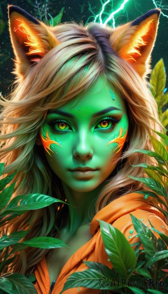 1girl,solo,long hair,looking at viewer,bangs,blonde hair,animal ears,closed mouth,yellow eyes,upper body,artist name,cat ears,signature,hood,lips,orange eyes,fox ears,eyelashes,makeup,colored skin,leaf,watermark,facial mark,plant,portrait,nose,electricity,green skin,green eyes,glowing,realistic,facepaint,lightning