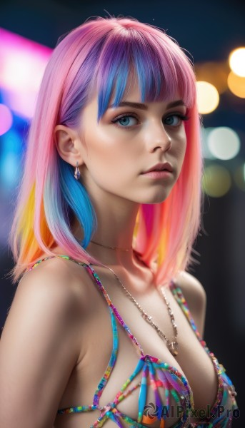 1girl,solo,long hair,breasts,looking at viewer,bangs,blue eyes,cleavage,bare shoulders,jewelry,medium breasts,closed mouth,blue hair,collarbone,swimsuit,upper body,pink hair,bikini,multicolored hair,earrings,parted lips,blunt bangs,medium hair,necklace,blurry,two-tone hair,lips,eyelashes,gradient hair,makeup,depth of field,blurry background,multicolored clothes,realistic,nose,bokeh,multicolored bikini,short hair,purple hair,artist name,orange hair,from side,watermark,expressionless,bikini top only,web address,lens flare,eyeshadow,pink lips,eyeliner,mascara,rainbow hair