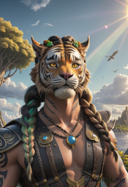 solo,long hair,looking at viewer,black hair,1boy,animal ears,jewelry,collarbone,yellow eyes,upper body,braid,male focus,multicolored hair,outdoors,green hair,sky,day,artist name,cloud,water,necklace,armor,twin braids,tree,blue sky,tattoo,muscular,facial hair,bird,animal,facial mark,sunlight,cloudy sky,pectorals,muscular male,shoulder armor,gem,hair over shoulder,beard,furry,pendant,sun,arm tattoo,tiger ears,chinese zodiac,tiger,year of the tiger,sidepec,tiger stripes,hair ornament,closed mouth,two-tone hair,orange eyes,fangs,watermark,nature,bara,braided ponytail,mountain,fantasy,furry male,body fur,pectoral cleavage,whiskers,2022,sunrise,tiger boy,fangs out