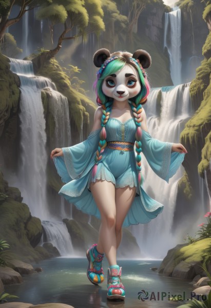 1girl,solo,long hair,breasts,looking at viewer,blush,smile,open mouth,bangs,blue eyes,hair ornament,long sleeves,dress,bow,animal ears,bare shoulders,standing,collarbone,full body,braid,flower,:d,multicolored hair,small breasts,outdoors,detached sleeves,green hair,shoes,teeth,day,artist name,hair flower,wide sleeves,water,nail polish,twin braids,two-tone hair,tree,bare legs,aqua hair,makeup,blue dress,watermark,short dress,sunlight,sneakers,nature,furry,eyeshadow,forest,toenails,blue footwear,light rays,skirt hold,furry female,platform footwear,bear ears,animal nose,waterfall,moss,panda ears,stream,brown hair,black hair,very long hair,blue hair,red hair,shorts,streaked hair,sash,leaf,fangs,grass,hair over shoulder,freckles,raccoon ears,rainbow,pond,rainbow hair