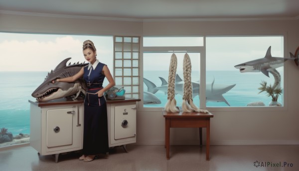 1girl,solo,smile,blonde hair,brown hair,dress,barefoot,sleeveless,day,indoors,water,tree,window,blue dress,bird,ocean,animal,table,single hair bun,sharp teeth,fish,kitchen,shark,standing,sandals,scenery