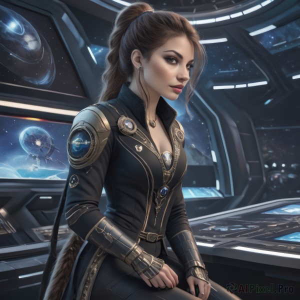 1girl,solo,long hair,breasts,looking at viewer,brown hair,long sleeves,cleavage,brown eyes,jewelry,medium breasts,sitting,ponytail,earrings,belt,pants,artist name,signature,necklace,lips,bodysuit,makeup,black pants,ring,lipstick,pendant,science fiction,realistic,nose,space,planet,earth (planet),spacecraft,hands on own thighs,watermark,freckles