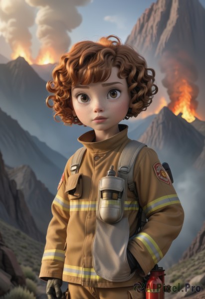 1girl,solo,looking at viewer,short hair,brown hair,gloves,long sleeves,brown eyes,closed mouth,jacket,upper body,outdoors,sky,day,black gloves,blurry,lips,blurry background,bottle,fire,smoke,freckles,curly hair,hand in pocket,brown jacket,mountain,explosive,holding,standing,blue sky,rock