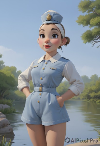 1girl,solo,breasts,looking at viewer,blush,smile,short hair,brown hair,shirt,long sleeves,hat,dress,brown eyes,jewelry,closed mouth,standing,white shirt,cowboy shot,earrings,outdoors,sky,shorts,day,collared shirt,belt,water,hair bun,uniform,tree,blue sky,lips,blue dress,single hair bun,blue headwear,hands on hips,rock,hands in pockets,red lips,police,river,police uniform,pond,medium breasts,thighs,military,military uniform,makeup,lipstick,nature,freckles