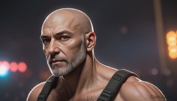 solo,looking at viewer,1boy,brown eyes,upper body,white hair,male focus,blurry,muscular,depth of field,blurry background,facial hair,portrait,beard,realistic,mustache,bald,manly,old,chest hair,old man,bokeh,lips,grey eyes,scar,lens flare