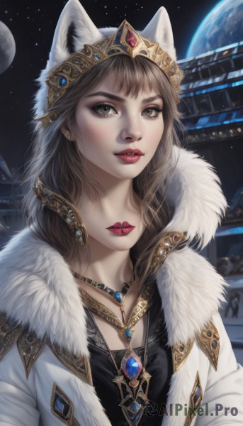 1girl,solo,long hair,looking at viewer,bangs,brown hair,animal ears,brown eyes,jewelry,green eyes,jacket,upper body,parted lips,sky,hood,necklace,lips,coat,fur trim,black shirt,eyelashes,makeup,night,moon,white jacket,tiara,crown,lipstick,gem,star (sky),night sky,pendant,starry sky,freckles,realistic,nose,white coat,red lips,space,fur-trimmed coat,planet,red gemstone,teeth,tattoo,wolf ears,earth (planet)