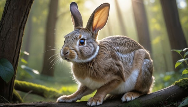 HQ,solo,looking at viewer,blue eyes,closed mouth,full body,outdoors,day,signature,blurry,tree,no humans,depth of field,blurry background,animal,leaf,sunlight,plant,nature,forest,rabbit,realistic,branch,animal focus,whiskers,standing