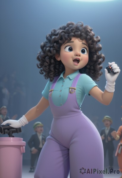 1girl,long hair,open mouth,blue eyes,shirt,black hair,gloves,holding,short sleeves,multiple boys,teeth,solo focus,collared shirt,white gloves,dark skin,blurry,black eyes,dark-skinned female,lips,buttons,blurry background,upper teeth only,blue shirt,child,curly hair,female child,overalls,afro,blue overalls,smile,standing,messy hair,very dark skin,aqua shirt