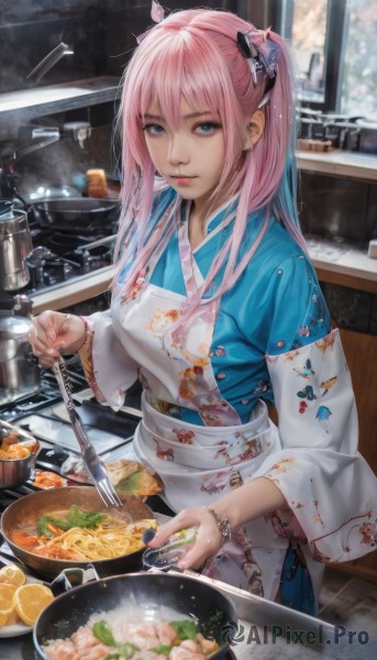 1girl,solo,long hair,breasts,looking at viewer,bangs,blue eyes,hair ornament,long sleeves,ribbon,holding,hair between eyes,twintails,jewelry,closed mouth,standing,hair ribbon,pink hair,cowboy shot,food,japanese clothes,indoors,wide sleeves,kimono,nail polish,blurry,apron,bracelet,two side up,lips,fingernails,sash,fruit,blurry background,obi,knife,animal print,steam,white apron,plate,fish,bowl,realistic,spoon,blue kimono,holding knife,cooking,ladle,kitchen,lemon,frying pan,lemon slice,shrimp,stove,soup,kitchen knife,cutting board,medium breasts,noodles