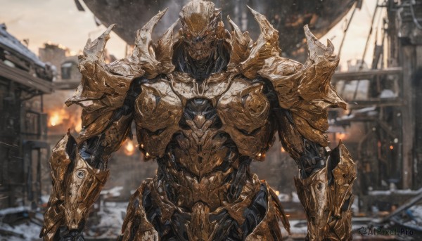 solo,looking at viewer,red eyes,1boy,standing,upper body,male focus,cowboy shot,outdoors,armor,blurry,orange eyes,no humans,blurry background,glowing,fire,robot,shoulder armor,building,mecha,glowing eyes,science fiction,pauldrons,straight-on,full armor,embers,weapon,gauntlets,spikes,monster,breastplate,city,gold armor