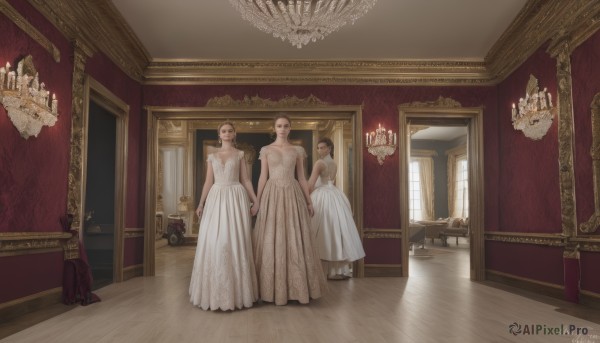 looking at viewer,short hair,multiple girls,blonde hair,brown hair,black hair,dress,2girls,bare shoulders,jewelry,standing,multiple boys,indoors,signature,3girls,2boys,white dress,dated,window,holding hands,chair,formal,table,reflection,wooden floor,mirror,wedding dress,long dress,candle,painting (object),carpet,candlestand,reflective floor,chandelier,1boy,artist name,realistic,wide shot