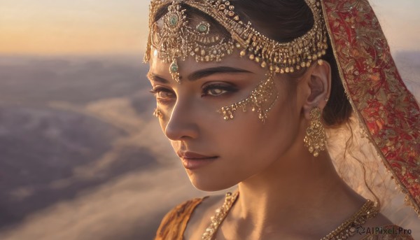 1girl,solo,short hair,brown hair,black hair,brown eyes,jewelry,closed mouth,earrings,outdoors,dark skin,necklace,blurry,dark-skinned female,lips,looking to the side,blurry background,looking away,gem,portrait,veil,circlet,realistic,nose,sand,desert,head chain,hair ornament,grey eyes,eyelashes,makeup,piercing,gold,gold chain