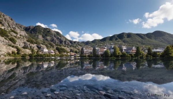 outdoors,sky,day,cloud,water,tree,blue sky,no humans,cloudy sky,building,nature,scenery,reflection,mountain,road,house,bridge,river,landscape,town,bird,rock,ruins,real world location