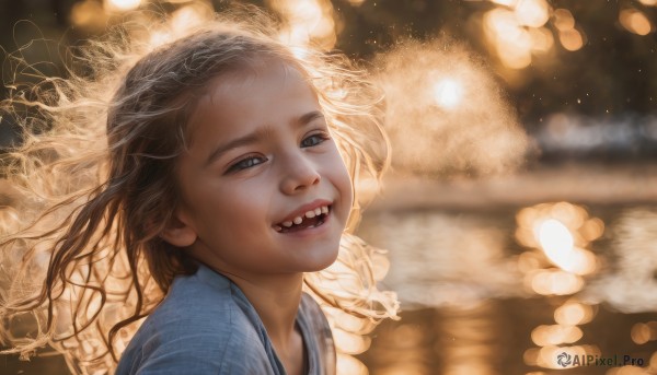 1girl,solo,long hair,looking at viewer,smile,open mouth,blue eyes,brown hair,upper body,:d,japanese clothes,teeth,kimono,blurry,lips,floating hair,depth of field,blurry background,sharp teeth,wind,child,portrait,realistic,nose,bokeh,half-closed eyes,veil