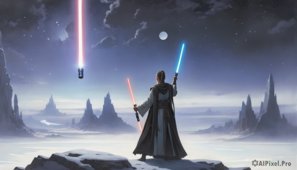 solo,black hair,1boy,holding,standing,weapon,male focus,outdoors,sky,sword,cloud,from behind,night,holding sword,moon,robot,star (sky),night sky,scenery,snow,full moon,starry sky,science fiction,dual wielding,robe,mountain,energy sword,lightsaber,gloves,hood,star (symbol),cape,holding weapon,scar,helmet,floating,rock,facing away,animification,landscape,lake,spacecraft