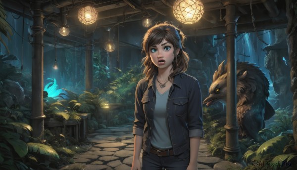 1girl,solo,long hair,breasts,open mouth,blue eyes,brown hair,shirt,jewelry,medium breasts,standing,jacket,cowboy shot,earrings,outdoors,open clothes,teeth,belt,pants,necklace,open jacket,tree,lips,night,glowing,bird,animal,black pants,bug,blue shirt,plant,denim,butterfly,nature,buckle,pendant,sleeves rolled up,forest,pocket,jeans,lantern,belt buckle,nose,arms at sides,light,lamp,bush,leather,vines,wolf,sleeves pushed up,leather jacket,denim jacket,looking at viewer,bangs,collarbone,white shirt,parted lips,artist name,indoors,signature,black jacket,makeup,lipstick,scenery,realistic,fantasy,red lips,brown belt,pillar,overgrown,column,ivy