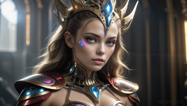 HQ,1girl,solo,long hair,breasts,looking at viewer,blue eyes,blonde hair,brown hair,upper body,parted lips,indoors,armor,blurry,lips,eyelashes,makeup,blurry background,facial mark,crown,shoulder armor,gem,portrait,pauldrons,realistic,nose,red lips,shoulder pads,cleavage